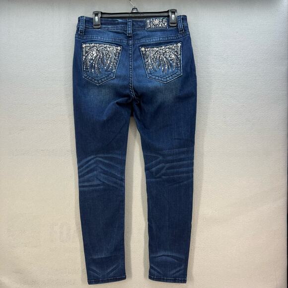 Miss Me Jeans Women's 29x29.5 (8) Dark Blue Easy Skinny Sequins Flower Bling - Picture 2 of 14